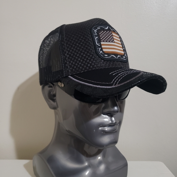 Black Trucker Cap with American Flag Patch - Picture 2 of 5